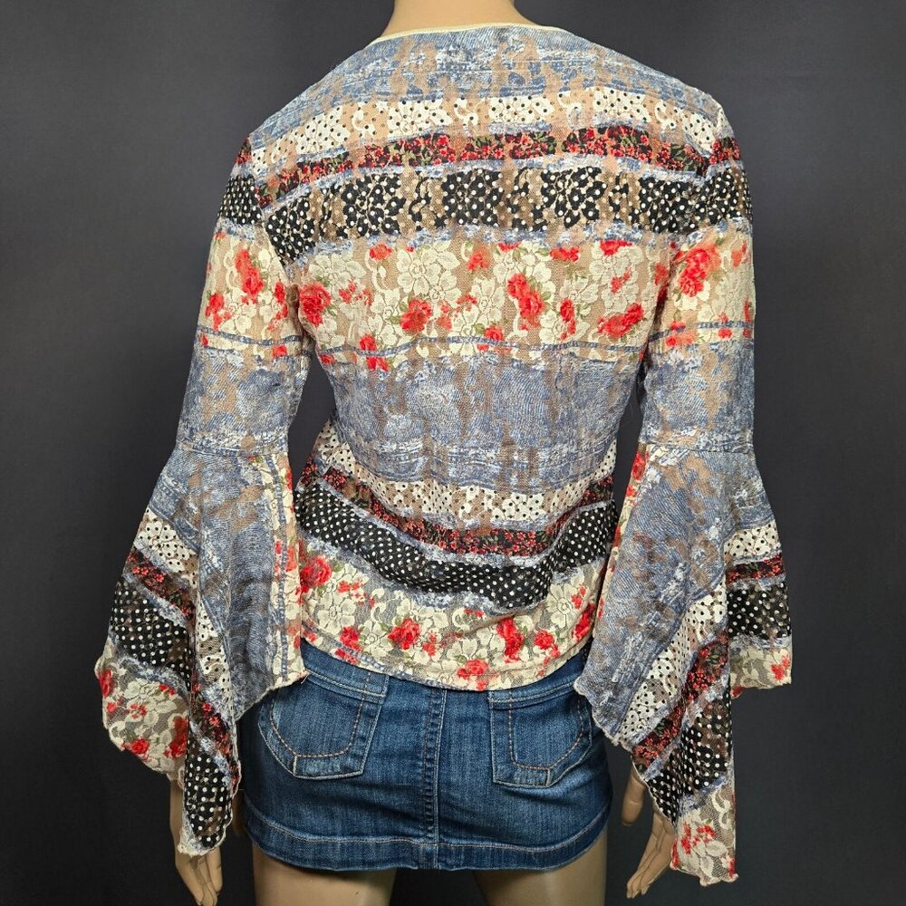 Vintage 90s Flared Bell Sleeve Floral Sheer Lace Top Size M Boho Fairy Festival